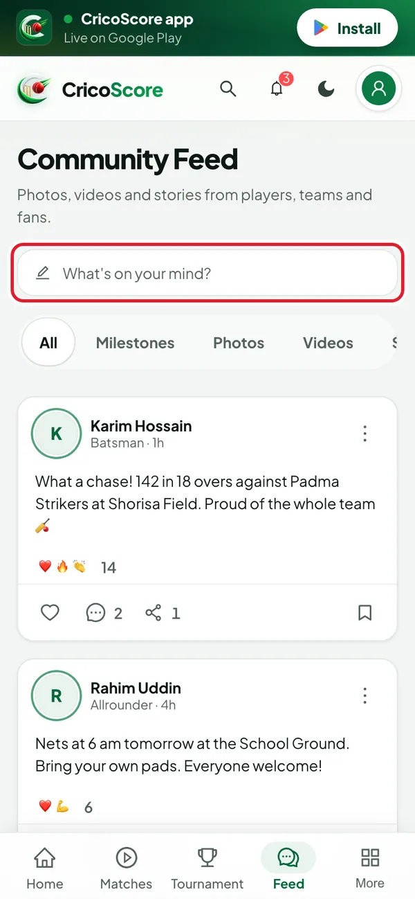 The Community Feed on a phone while signed in. The "What's on your mind?" bar at the top is circled.