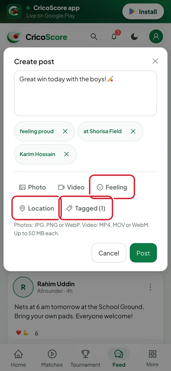 The Create post box on a phone with the chips "feeling proud", "at Shorisa Field" and "Karim Hossain". The Tag players, Feeling and Location buttons are circled.