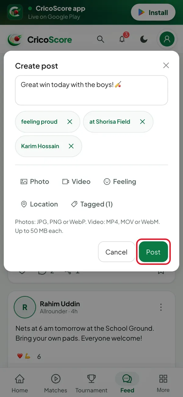 The filled-in Create post box on a phone. The Post button at the bottom is circled.