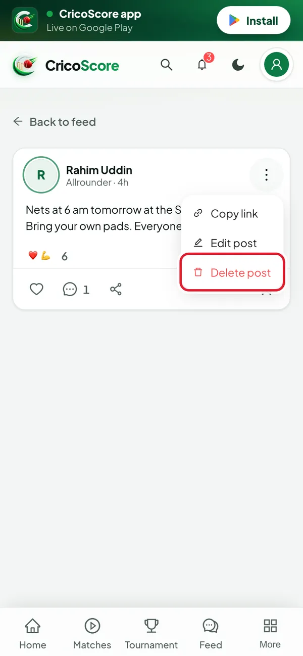 A post by Rahim Uddin on a phone with its menu open: Copy link, Edit post and Delete post. Delete post is circled.