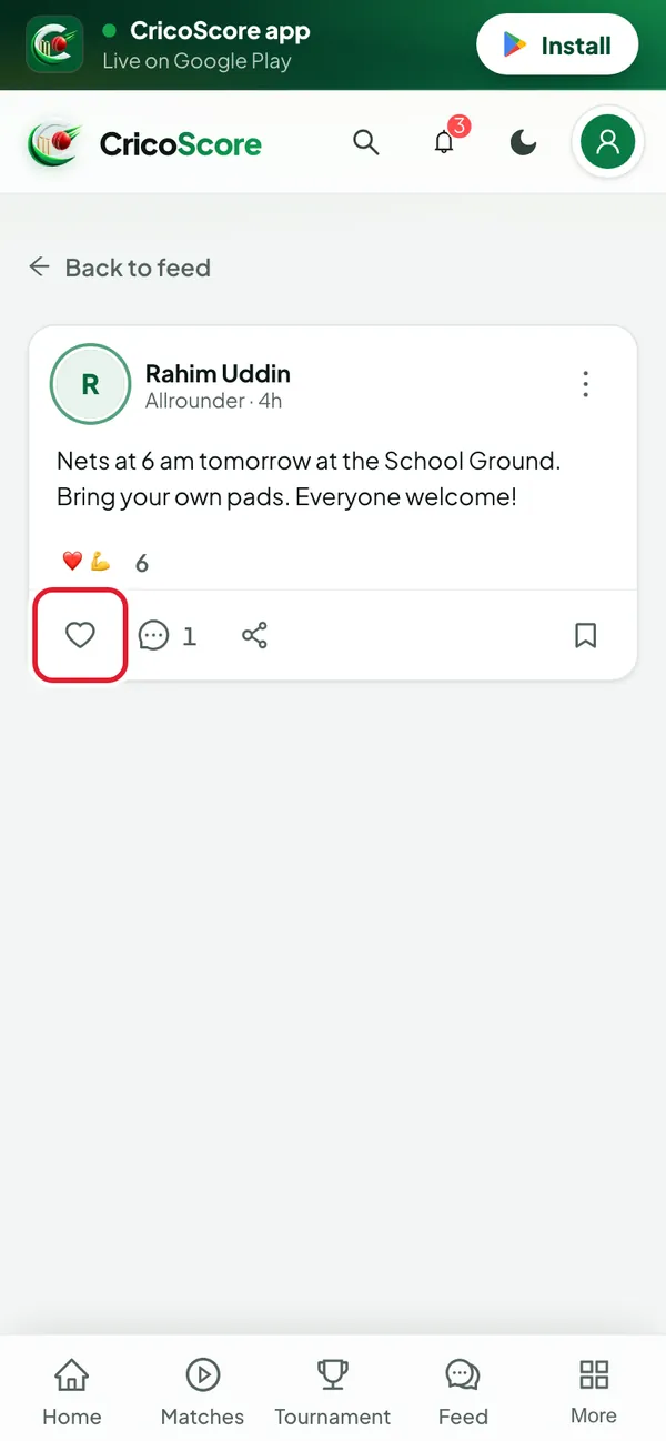 A post by Rahim Uddin on a phone. The heart at the bottom left of the post is circled.