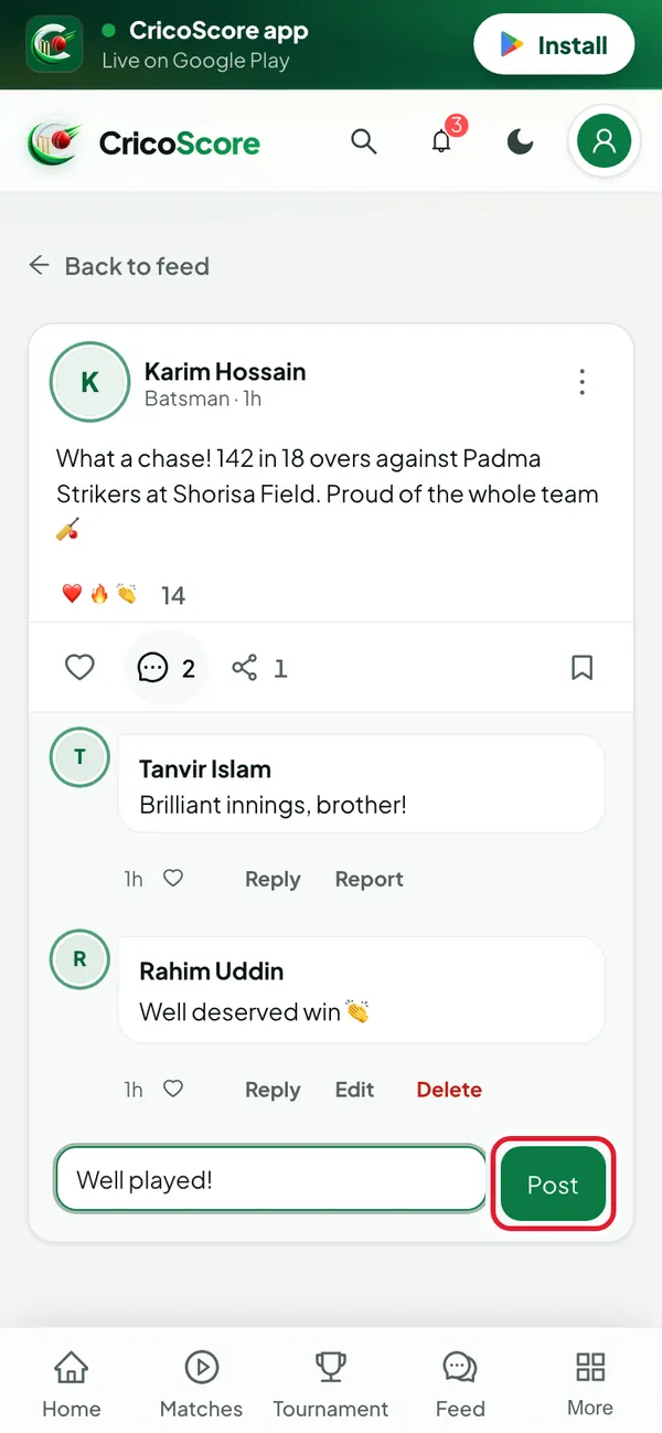 The comments under a post by Karim Hossain on a phone, with "Well played!" typed in the comment box. The Post button is circled.