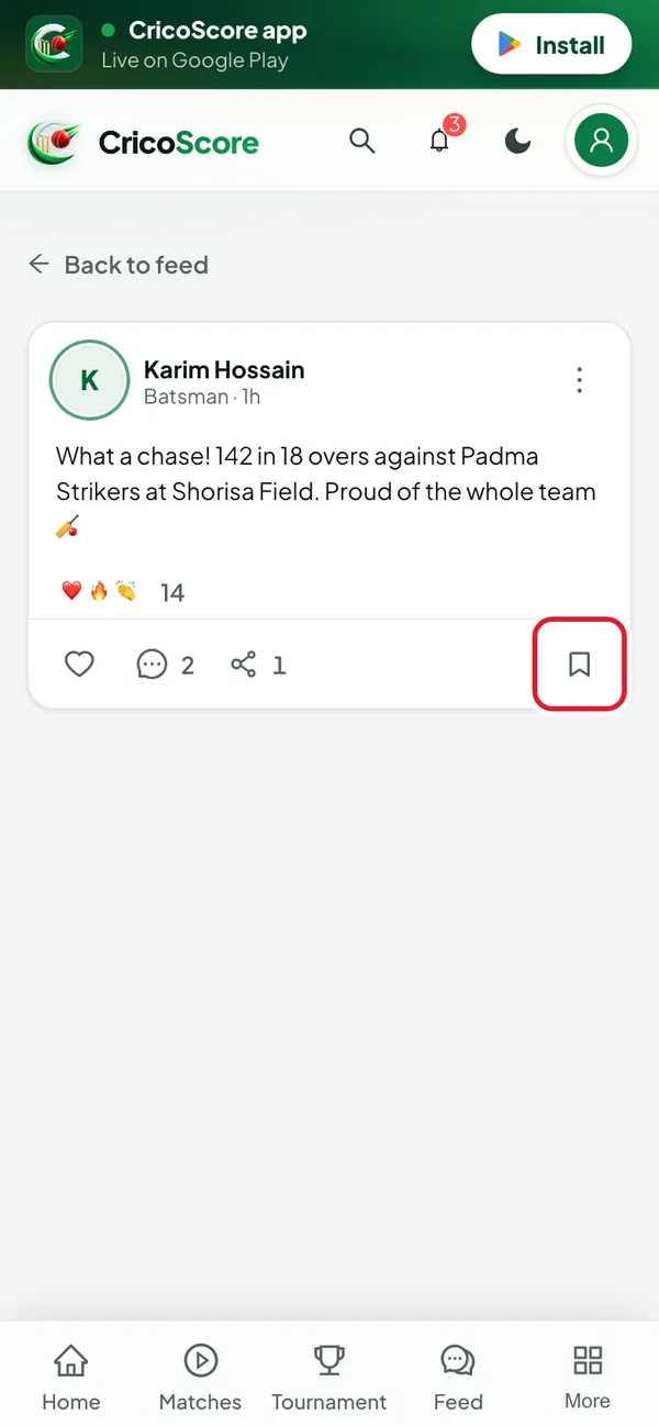 A post by Karim Hossain on a phone. The bookmark at the bottom right of the post is circled.