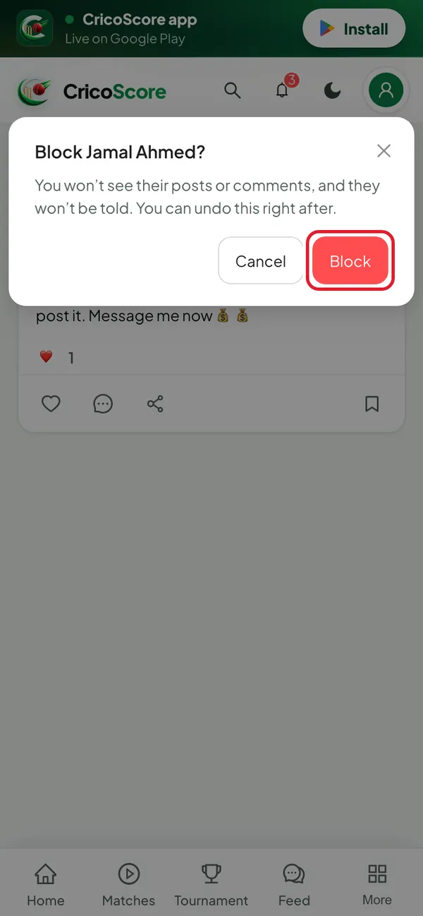 The Block Jamal Ahmed? box on a phone, which says you won't see their posts or comments. The Block button is circled.