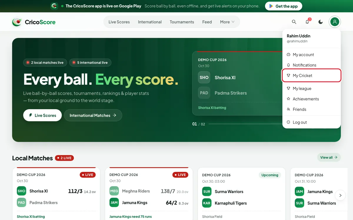 The CricoScore home page on a computer, signed in. The account menu at the top right is open and My Cricket is circled.