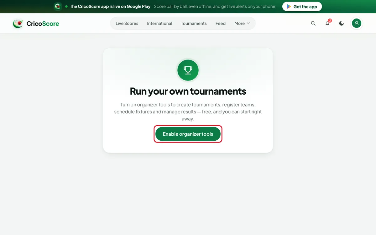 The Run your own tournaments page, with the Enable organizer tools button circled.