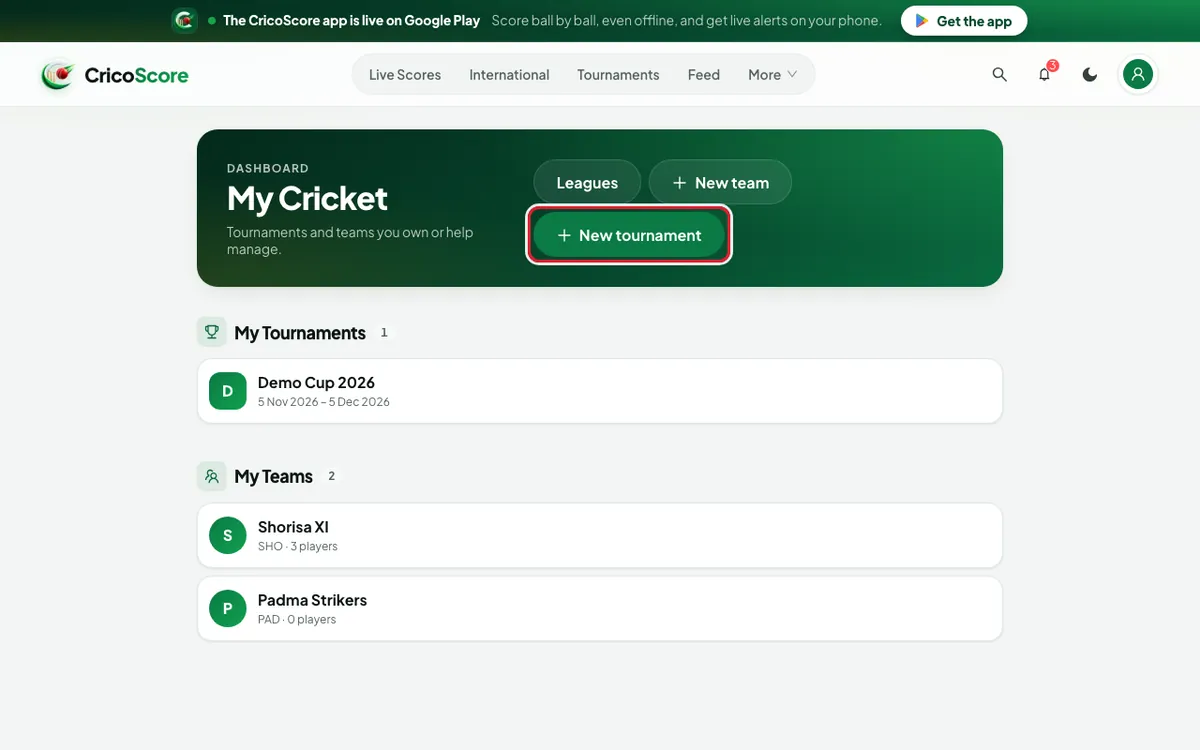 The My Cricket page on a computer, with the New tournament button circled.