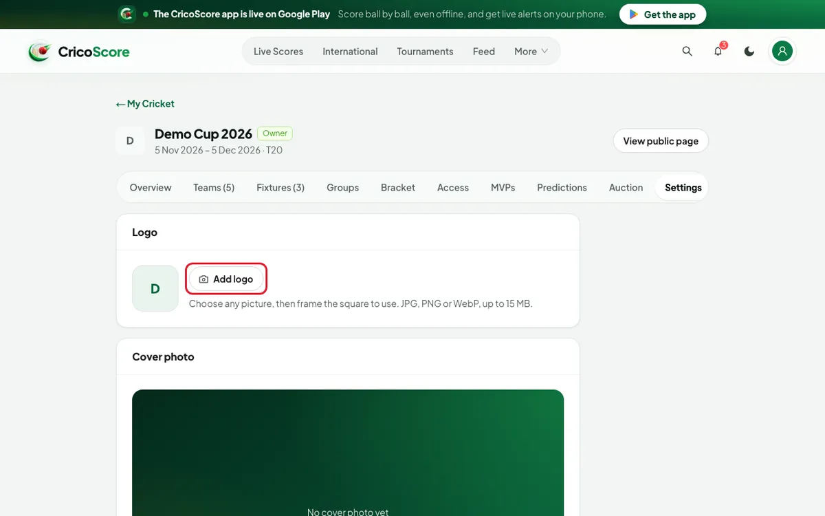 The Settings tab of Demo Cup 2026 with the Logo and Cover photo cards. The Add logo button is circled.