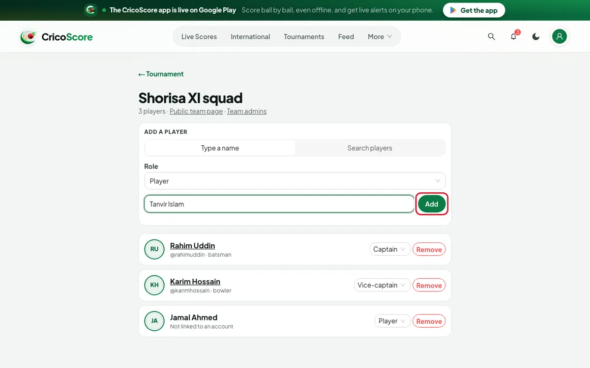 The Shorisa XI squad page with a role chosen and the name Tanvir Islam typed. The Add button is circled.