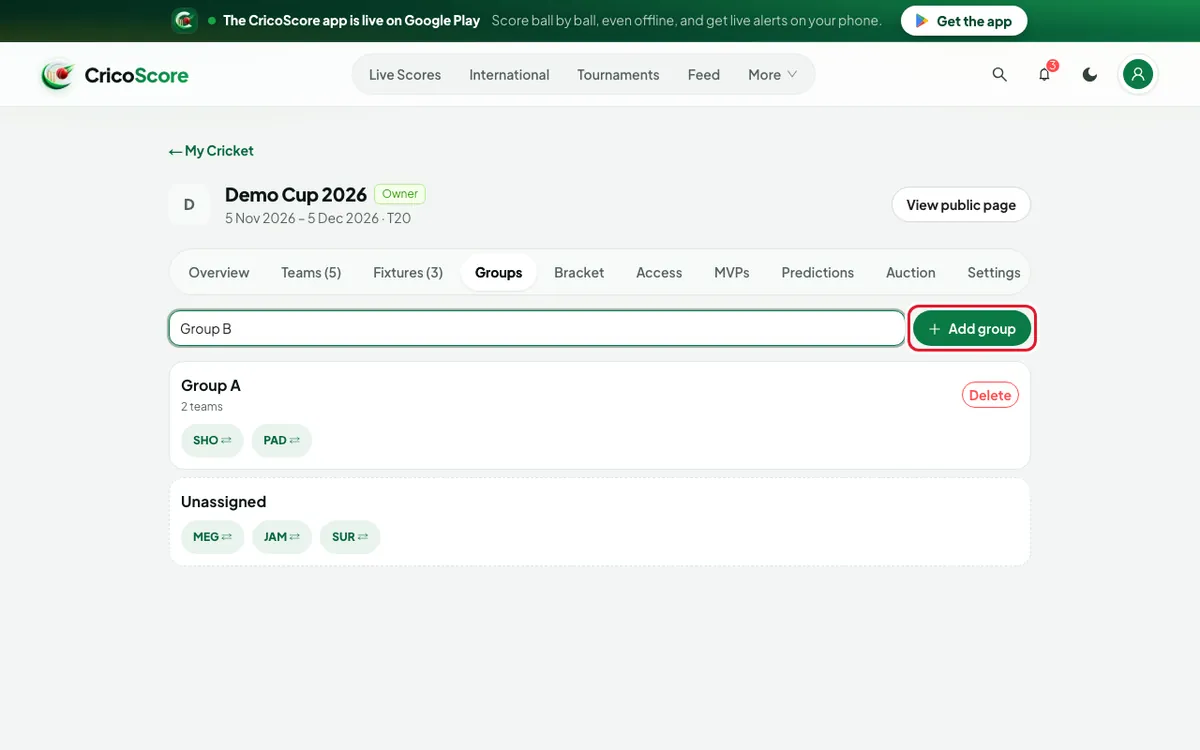 The Groups tab of Demo Cup 2026. Group A holds two teams and three teams are unassigned. The Add group button is circled.