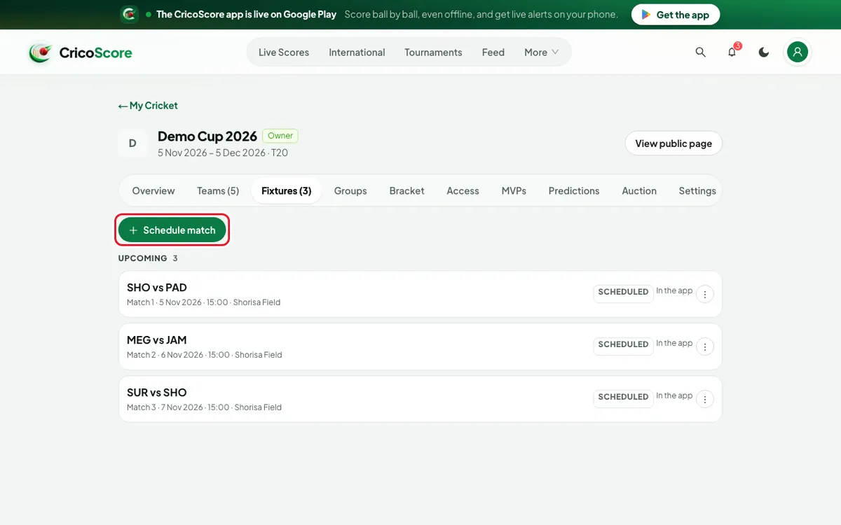 The Fixtures tab of Demo Cup 2026 with three upcoming matches. The Schedule match button is circled.