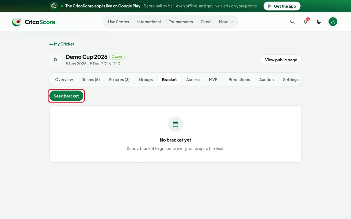 The Bracket tab of Demo Cup 2026 with no bracket yet. The Seed bracket button is circled.