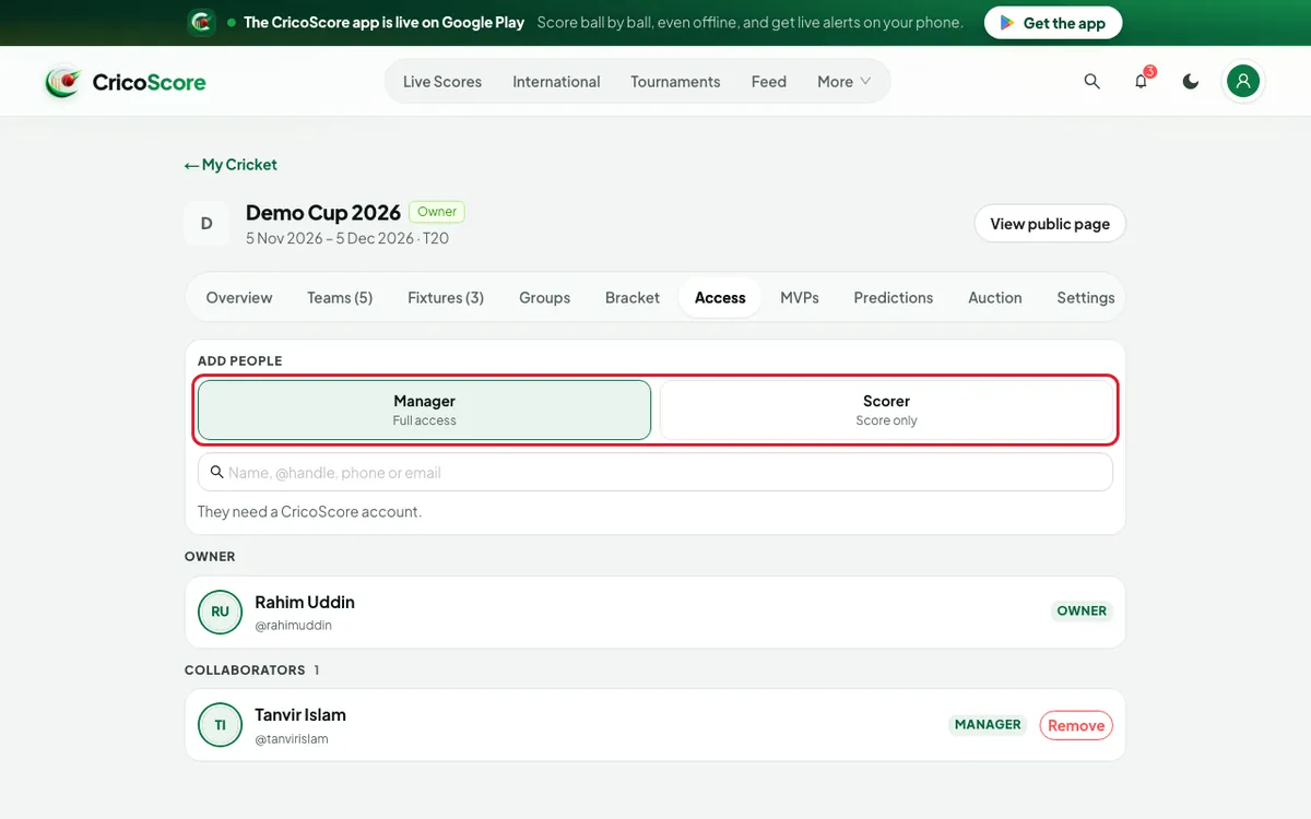 The Access tab of Demo Cup 2026 with Manager chosen under Add people. The Manager and Scorer choices are circled.