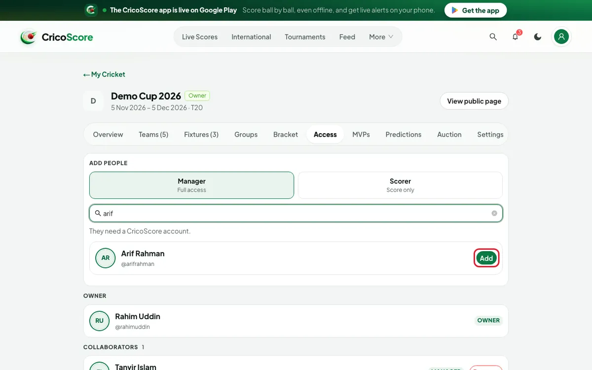 The Access tab search with one result, Arif Rahman. The Add button next to him is circled.