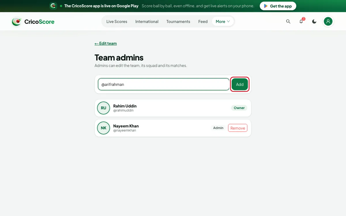 The Team admins page with the owner Rahim Uddin and one admin, Nayeem Khan. A handle is typed in the box and the Add button is circled.