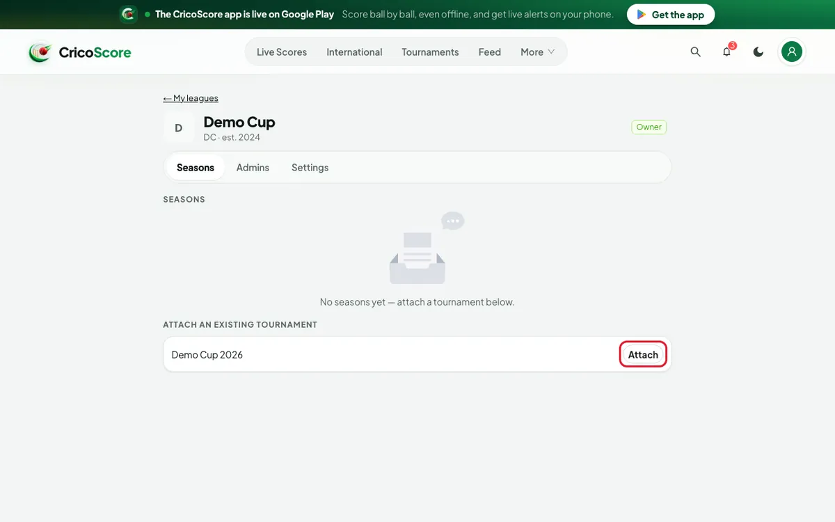 The Seasons tab of the Demo Cup championship with no seasons yet, and Demo Cup 2026 under Attach an existing tournament. The Attach button is circled.