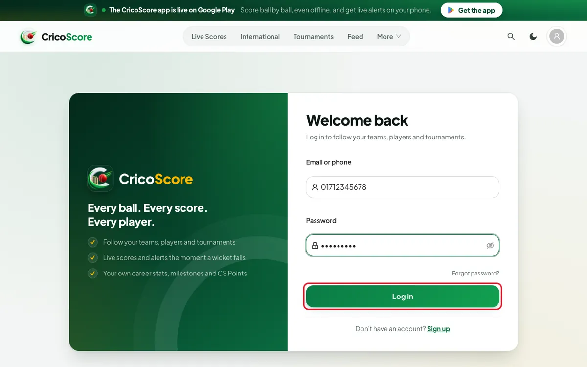 The Welcome back page on a computer, with the phone number 01712345678 and a password typed in. The Log in button is circled.