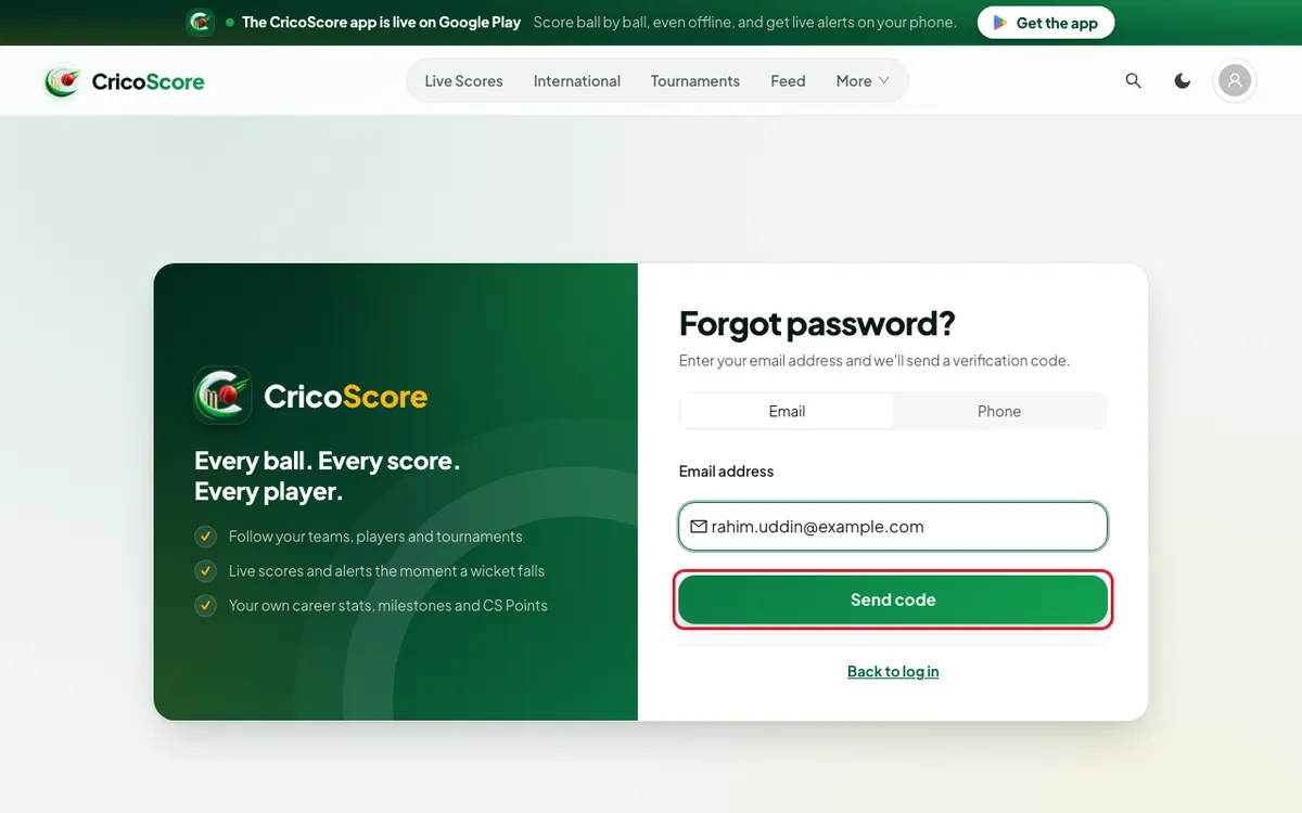 The Forgot password? page on a computer, with Email chosen and rahim.uddin@example.com typed in. The Send code button is circled.
